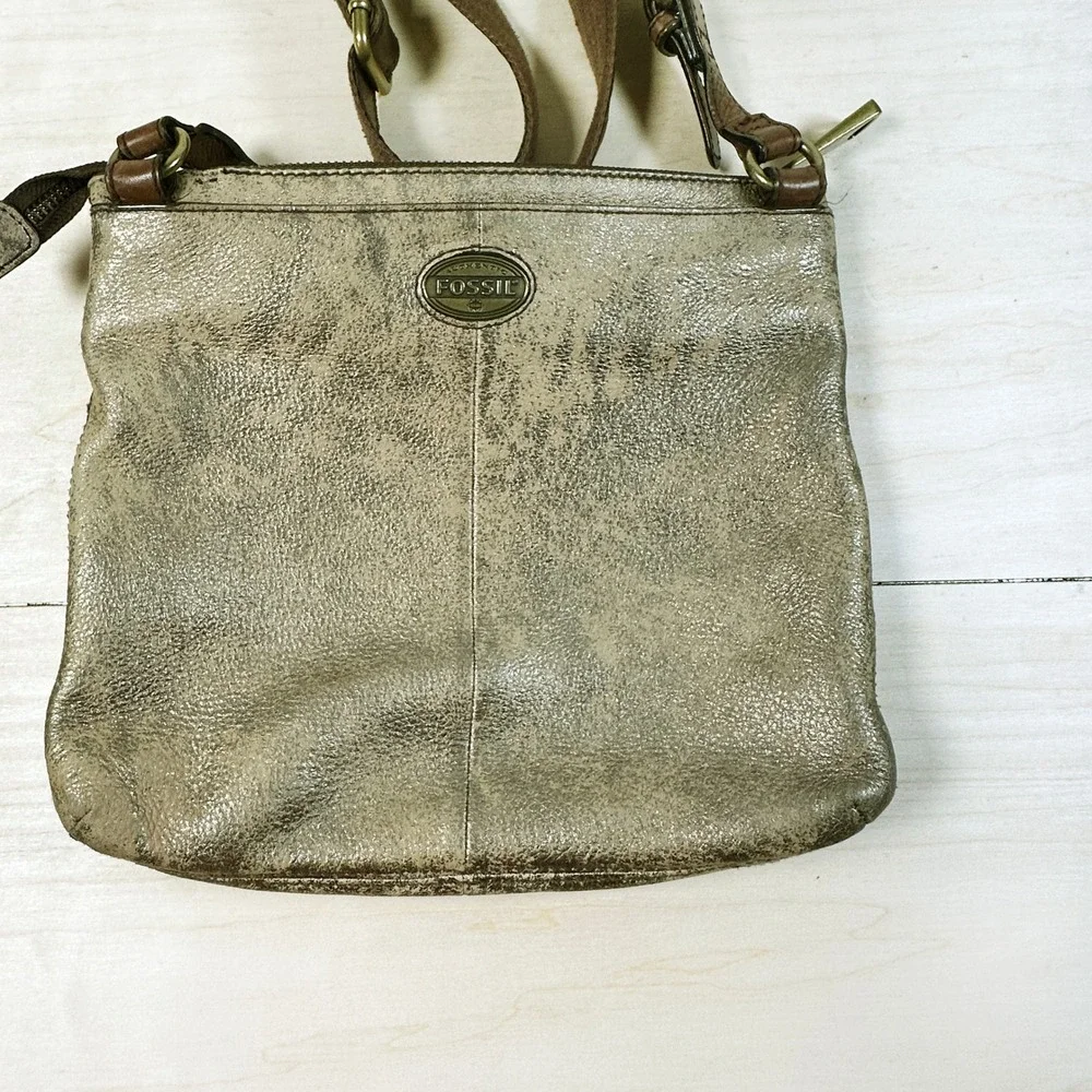Fossil Soft Leather Gold Purse Rustic Antique Brass Cross-Body Metallic‎
